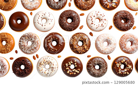 Isolated sweet chocolate donuts, fresh and delicious breakfast pastry snack on a white background Isolated sweet chocolate donuts, fresh and delicious breakfast pastry snack on a white background 129005680