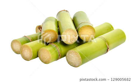 A close-up shot of green asparagus spears, resembling shiny brass rifle cartridges, on a clean white background A close-up shot of green asparagus spears, resembling shiny brass rifle cartridges, on a clean white background 129005682