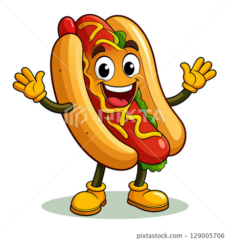 A funny cartoon hot dog character with mustard and ketchup on a bun is a happy fast food vector illustration 129005706