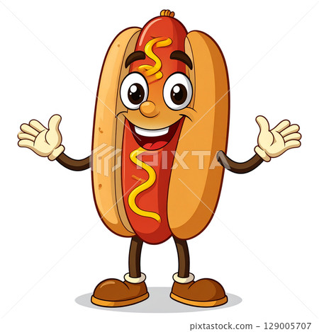A funny cartoon hot dog character with mustard and ketchup on a bun is a happy fast food vector illustration 129005707