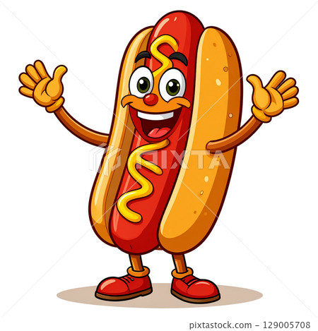A funny cartoon hot dog character with mustard and ketchup on a bun is a happy fast food vector illustration 129005708