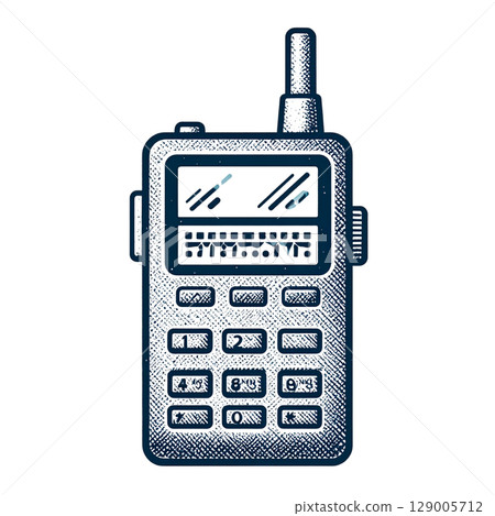 Wireless cellular technology and communication equipment, a black mobile phone with an antenna, a walkie-talkie and buttons, isolated on white 129005712