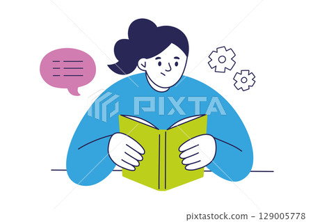 Flat cartoon vector illustration of girl or young woman reading a book. Thinking, learning, preparing for exam or enjoying hobby. Concept of education, knowledge, concentration and self development 129005778