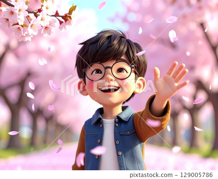 3D illustration of a boy reaching for petals in a row of cherry blossom trees in full bloom 129005786