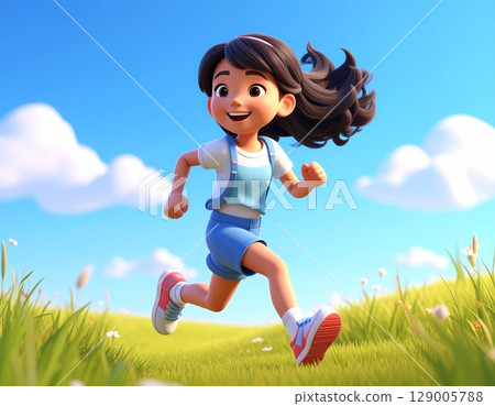 3D character illustration of a girl running energetically through a grassland under a blue sky 129005788