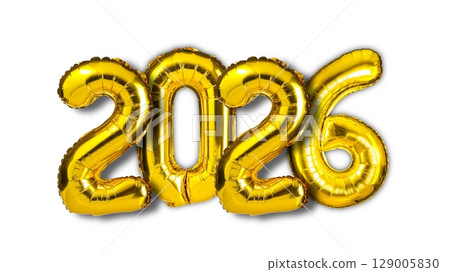 Golden Foil Balloons Forming the Number 2026 Isolated on White Background. Celebration Concept. 129005830