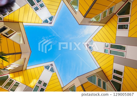 Unique Architecture Overhead View of Yellow Cube Houses Against a Bright Blue Sky, Rotterdam Unique Architecture Overhead View of Yellow Cube Houses Against a Bright Blue Sky, Rotterdam 129005867