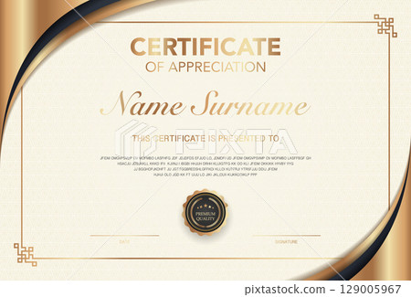 Modern certificate of appreciation template with elegant gold and black design, premium quality badge, customizable name and signature area, perfect for awards, achievement or recognition. 129005967