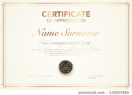 Elegant certificate of appreciation template with classic gold border, premium quality badge, customizable name, date, and signature section. Ideal for awards, recognition, or achievement. 129005968