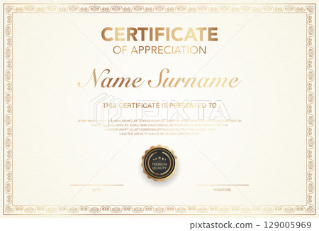 Elegant certificate of appreciation template with classic gold border, premium quality badge, customizable name, date, and signature section. Ideal for awards, recognition, or achievement. 129005969