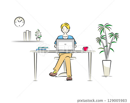 在電腦桌前工作的男商人 | 商業插畫系列 129005983