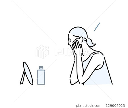 照鏡子的女人 - 患有痤瘡和瑕疵等皮膚問題的女人的插圖素材 129006023