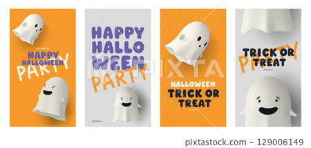 Set of Halloween posters with smiling 3D ghosts, fun Trick or Treat and Party text. Bright, festive design perfect for seasonal invitations, banners, and spooky-themed celebrations. Set of Halloween posters with smiling 3D ghosts, fun Trick or Treat and Party text. Bright, festive design perfect for seasonal invitations, banners, and spooky-themed celebrations. 129006149