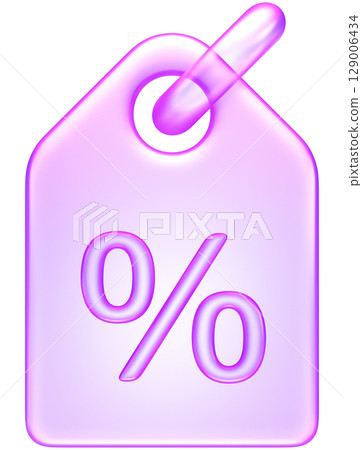 3D discount tag icon in purple translucent glass style, representing sale, offer, promotion, or price reduction 129006434