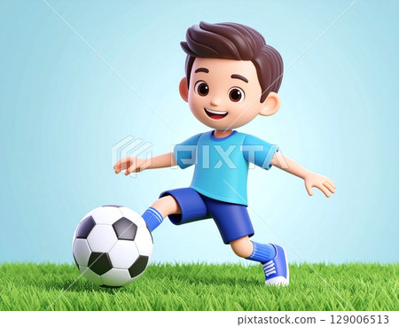 身穿藍色制服的男孩踢足球的 3D 插圖 身穿藍色制服的男孩踢足球的 3D 插圖 129006513