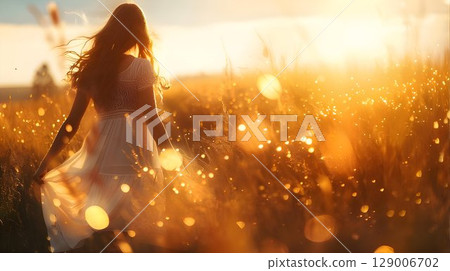 Woman in white dress walks through tall grass field at sunset 129006702