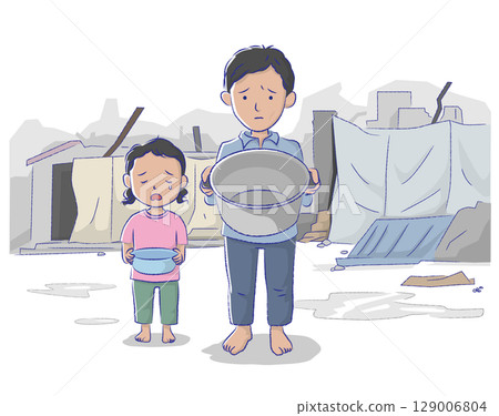 Children sad with nothing to eat and empty bowls 129006804