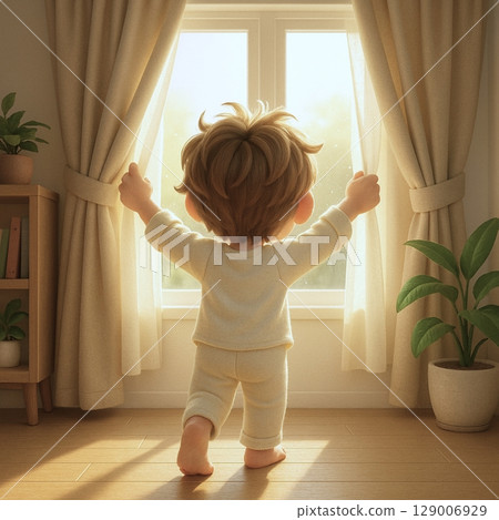 3D illustration of a boy's back view opening the curtains in the morning light 129006929