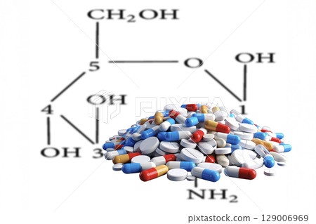 A pile of multicolored medicine pills 129006969