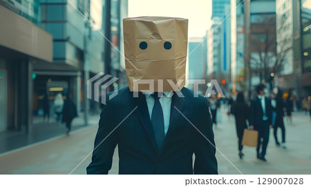 街上一位商人背著一個畫著眼睛的紙袋 129007028