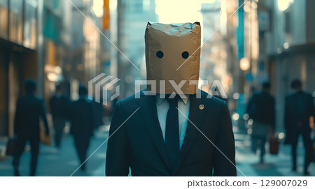街上一位商人背著一個畫著眼睛的紙袋 129007029