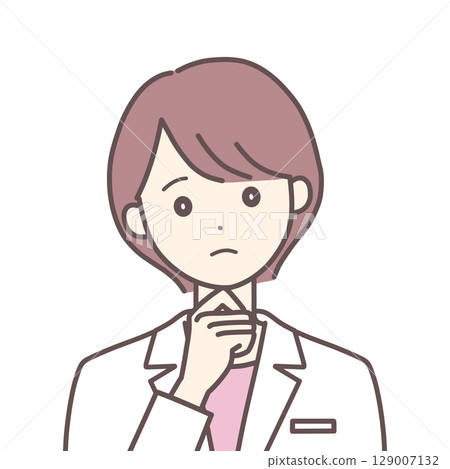 A woman in a white coat thinking 129007132