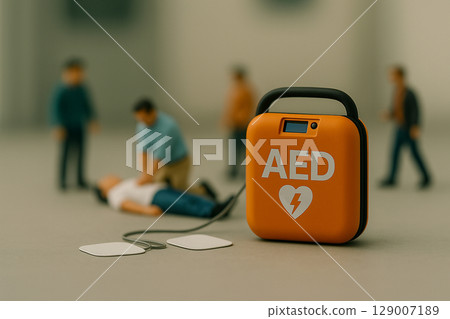 Miniature image showing cardiopulmonary resuscitation using an AED | Lifesaving, First Aid, Emergency Response 129007189