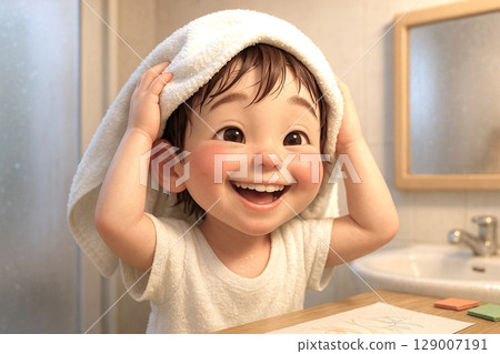 3D illustration of a child drying his hair with a towel after a bath 3D illustration of a child drying his hair with a towel after a bath 129007191