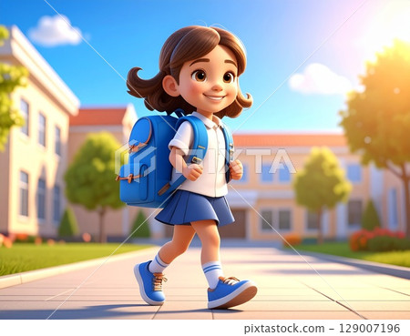 一名身穿制服的女孩在前往學校的路上興高采烈地行走的 3D 插圖 129007196