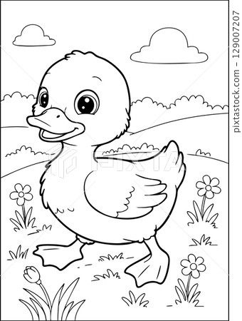 Happy Duckling in a Pond Coloring Sheet 129007207