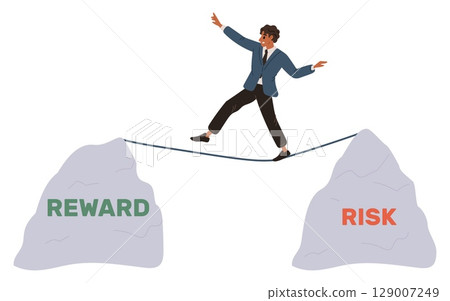 Businessman balances reward and risk by walking rope between mountains. Overcoming obstacles. Risky management. Business achievement. Guy keeping equilibrium on tightrope. Vector concept Businessman balances reward and risk by walking rope between mountains. Overcoming obstacles. Risky management. Business achievement. Guy keeping equilibrium on tightrope. Vector concept 129007249