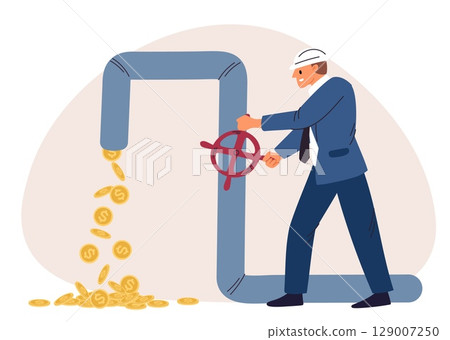 Businessman investor opens water faucet with gold coins. Cash flow. Finance profit. Man turning on pipe valve. Plumbing pipeline. Earnings income. Investment success. Vector concept Businessman investor opens water faucet with gold coins. Cash flow. Finance profit. Man turning on pipe valve. Plumbing pipeline. Earnings income. Investment success. Vector concept 129007250