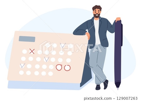 Businessman with pen standing near calendar. Scheduling or time management. Effective tasks planning. Organizer for appointments and goals control. Deadline reminder. Vector concept 129007263