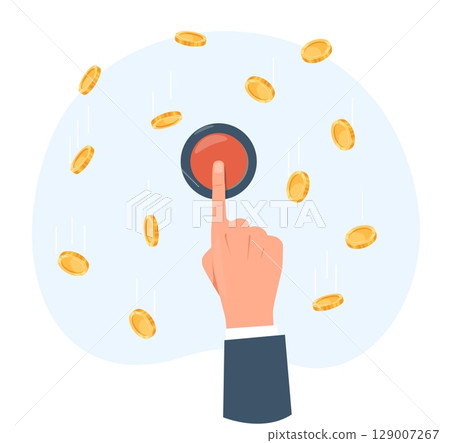 Magic button when you press button with your finger money falls from top. Businessman hand touch tumbler. Turn on wealth. Finance success start toggle. Investment regulator. Vector concept Magic button when you press button with your finger money falls from top. Businessman hand touch tumbler. Turn on wealth. Finance success start toggle. Investment regulator. Vector concept 129007267