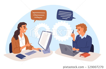 Man and woman in office have working dialog. Teamwork at workplace. Colleagues communication. People sitting at computer desks. Business team brainstorm. Employees talk. Vector concept 129007270