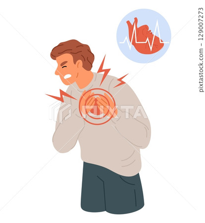 Man experiences cardiac chest pain. Heart attack. Sick patient suffering from arrhythmia. Cardiovascular illness. Painful symptom. Heartburn and ache. Medical treatment. Vector concept 129007273