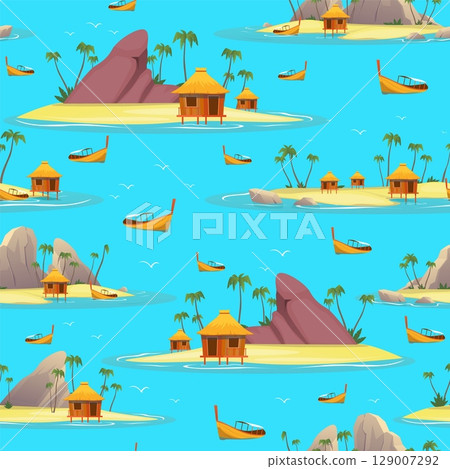 Tropical island with rocks and palm trees. Summer vacation seamless pattern. Sea boats. Repeated print. Seashore bungalows. Summertime travel. Seaside nature landscape. Vector background Tropical island with rocks and palm trees. Summer vacation seamless pattern. Sea boats. Repeated print. Seashore bungalows. Summertime travel. Seaside nature landscape. Vector background 129007292