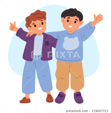 Two smiling cute boy friends hugging each other. Little people friendship. Happy kids embrace. Cheerful classmates. Children standing together for cuddle. Childhood fun. Vector concept Two smiling cute boy friends hugging each other. Little people friendship. Happy kids embrace. Cheerful classmates. Children standing together for cuddle. Childhood fun. Vector concept 129007315