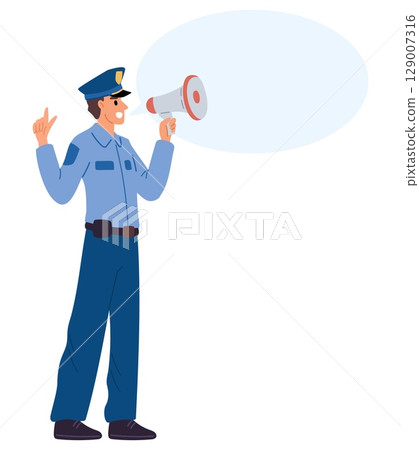 Uniformed police officer gives important information through megaphone. Public speaker. Speech bubble. Woman speaking with loudspeaker. Sheriff announce. Policeman message. Vector concept Uniformed police officer gives important information through megaphone. Public speaker. Speech bubble. Woman speaking with loudspeaker. Sheriff announce. Policeman message. Vector concept 129007316