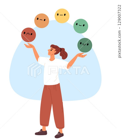 Woman juggling emoticons with different emotions. Mood management. Emotional intelligence. Emotional expressions choice. Feeling control and change. Happy and sad faces. Vector concept 129007322