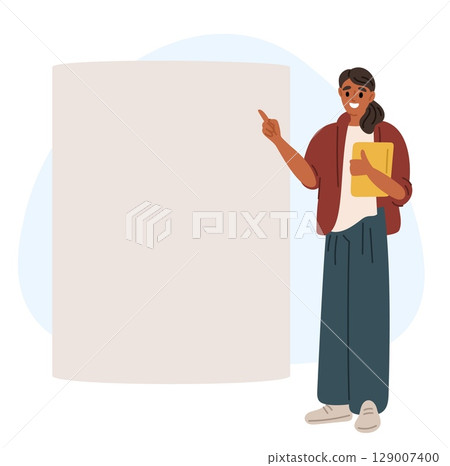 Woman points her finger at white blank poster. Girl showing at board. Business presentation. Teacher standing at whiteboard. Female presenting information at banner. Vector background 129007400