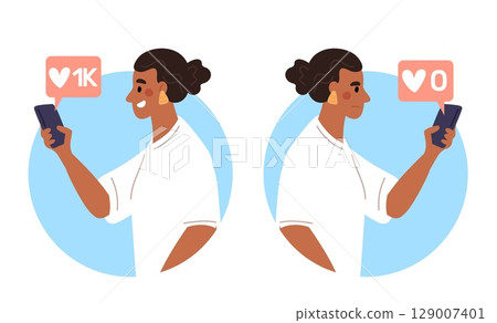 Woman sad with no reaction to her social media post and rejoices at number of likes. Content popularity. Influencer with smartphone. Followers society. Blogger promotion. Vector concept 129007401