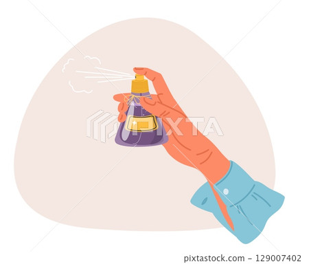 Woman sprays scented perfume or toilet water from bottle. Present smell pump sprayer. Female hand holding aroma perfumery vial. Aromatic cologne. Fragrance essence fleur. Vector concept 129007402
