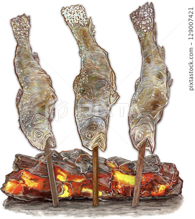 鹽烤鱒魚_炭火烤三條鱒魚_鱒魚插圖 129007421