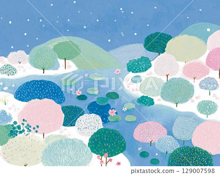 [北歐風格] 柔和色彩的夢幻森林與河流風景插畫1 129007598