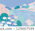 【北歐風】河邊盛開的花朵與夢幻般的夜景插畫（手繪、油畫風格） 129007599