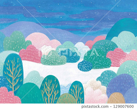 [北歐風格] 白雪皚皚的冬季森林和夜空的夢幻風景插畫 129007600