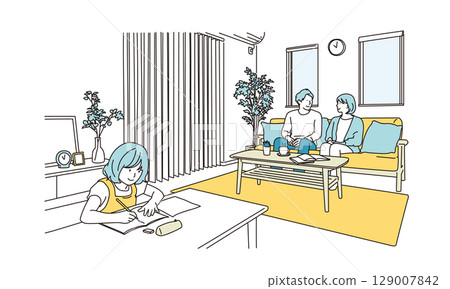 Illustration of a girl studying in the living room and a couple relaxing on the sofa 129007842