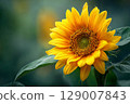 Close-up photo of yellow sunflower flowers in a sunflower field 129007843