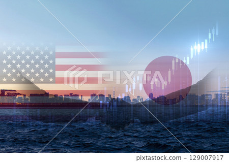 The U.S. and Japanese flags and Tokyo's cityscape combine to create a diplomatic and economic vision, symbolizing tariff negotiations and mutual investment. 129007917
